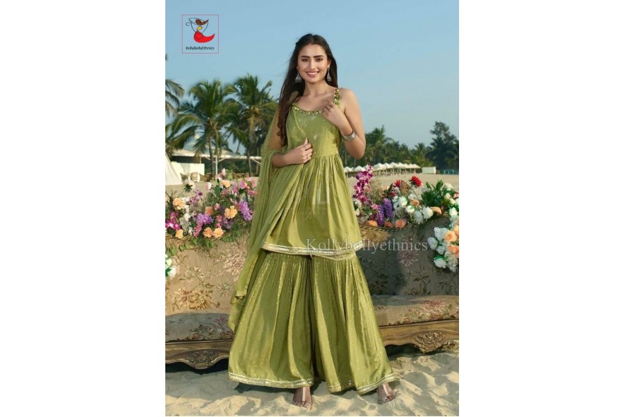 Olive green Short Peeplum kurti with Sharara pant