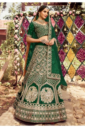 Green raw silk embroidered work lehenga choli 7136