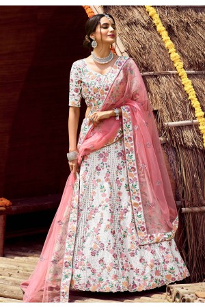 Off white satin embroidered work lehenga choli 7127