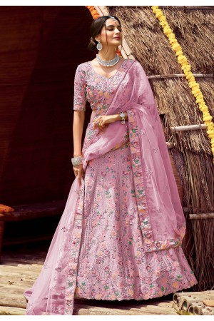 Pink satin embroidered work lehenga choli 7126