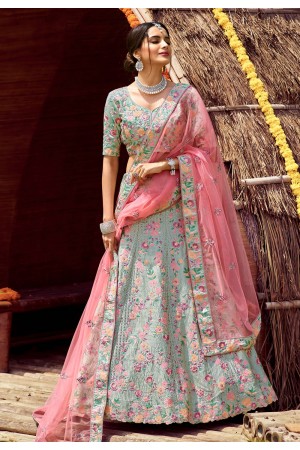 Sea green satin embroidered work lehenga choli 7128