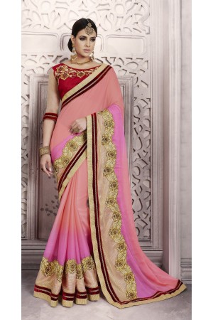 Party-wear-peach-pink-red-color-saree