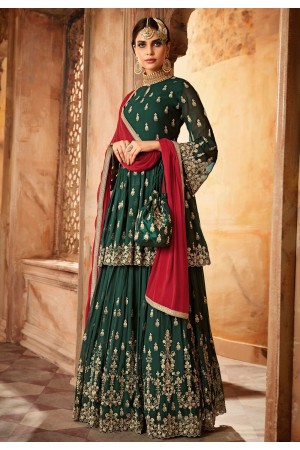 Bottle Green and red georgette wedding lehenga