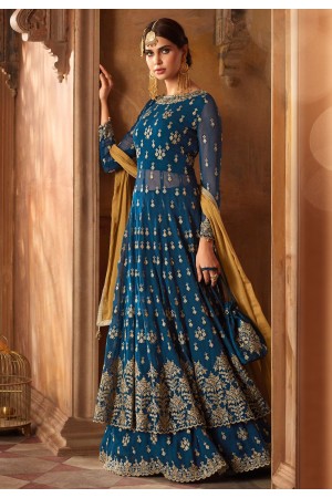 Cyan blue and Mustard Georgette wedding lehenga