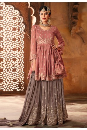 Onion Pink and grey georgette wedding lehenga