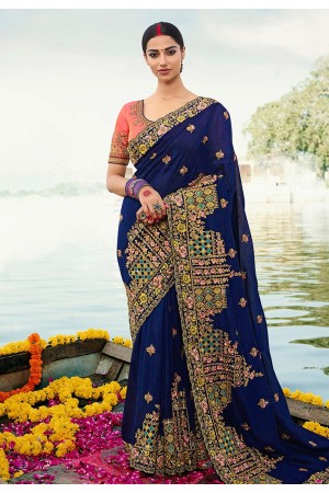 Blue barfi silk embroidered saree with blouse Palash9034