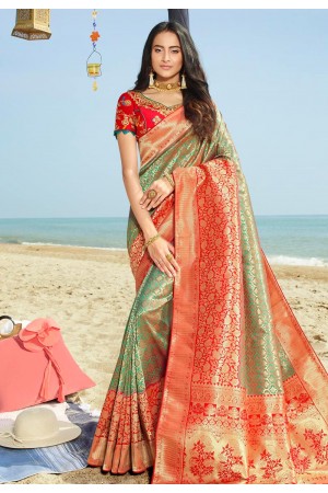 Light green silk saree with blouse 90951