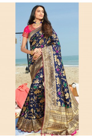 Navy blue silk festival wear saree 90963