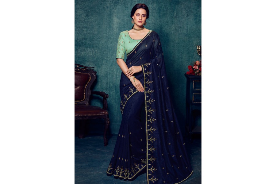Navy blue silk saree with blouse 2176