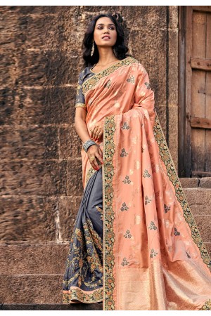 Peach silk embroidered half and half saree 3804