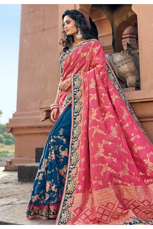 Pink silk embroidered half and half saree 3801