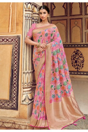 Pink silk saree with blouse 3304