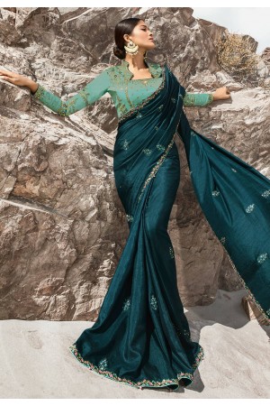 Teal blue barfi silk party wear saree 80009