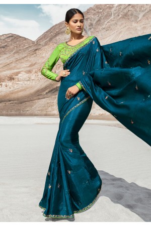 Teal blue silk party wear saree 80001