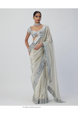 Bollywood Model Organza mirror work party wear saree in White