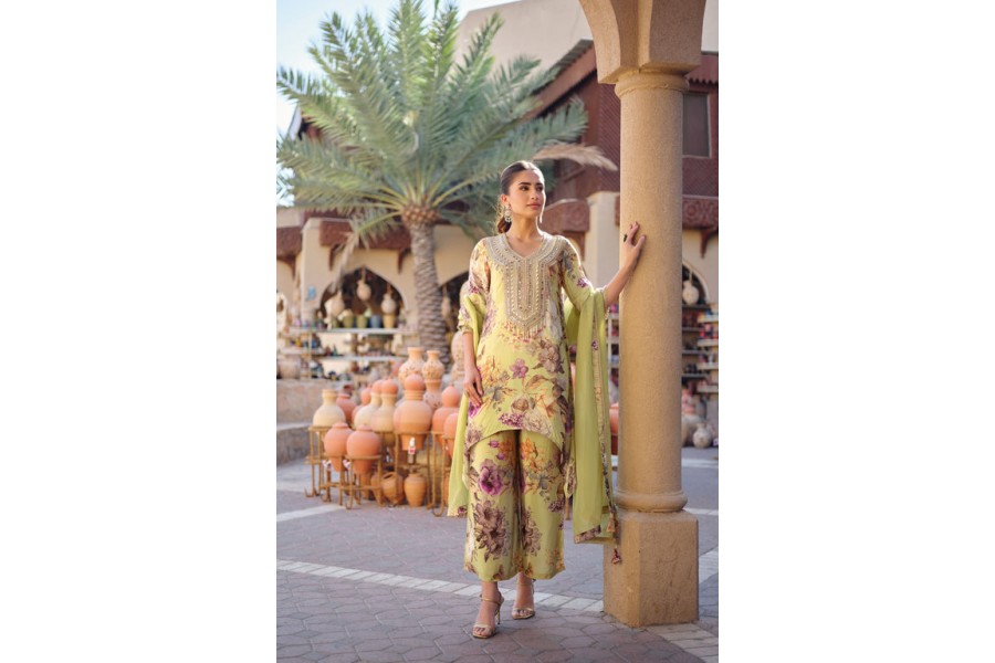 Natural Flora Crest Embroidered Hem Palazzo