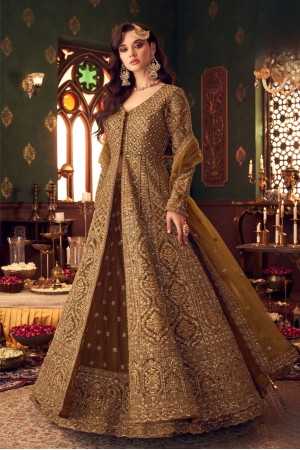 Front slit heavy work Anarkali gown with skirt for wedding in Golden Brown color