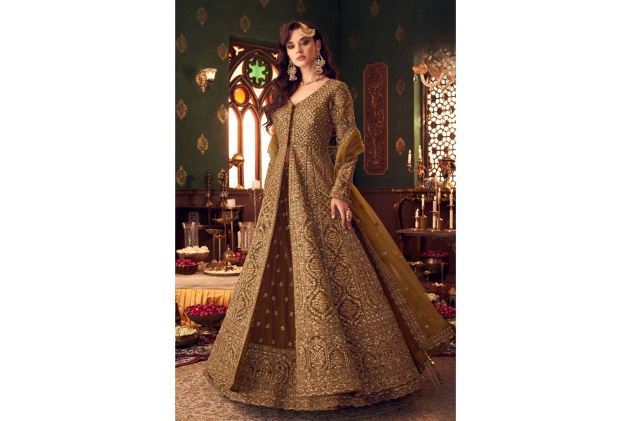 golden brown colour dress Laxmipati Muslin Golden Brown Flaired Length Gown With Dupatta