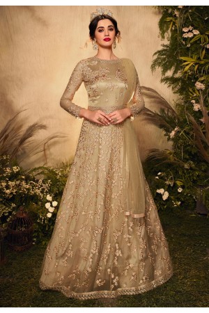 Beige net embroidered floor length anarkali suit 10014