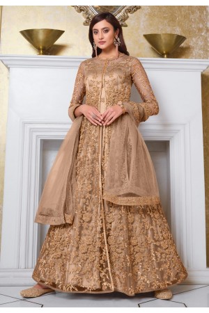 Beige net embroidered jacket style anarkali suit 4626