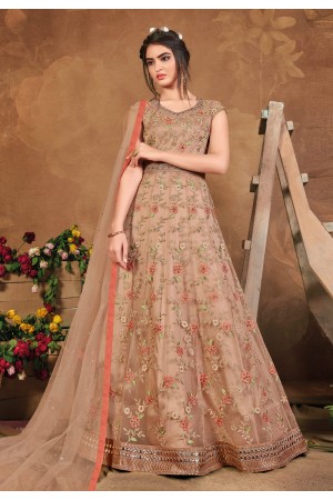 Beige net embroidered long anarkali suit 5101