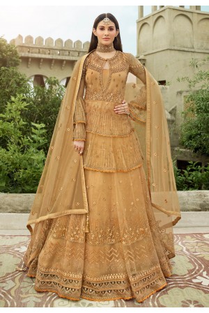 Golden net layered floor length anarkali suit 15048