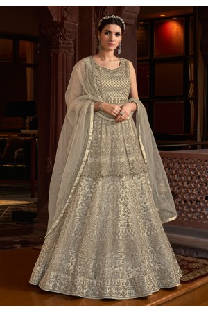 Grey net embroidered abaya style anarkali suit 6807