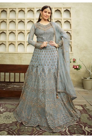 Grey net embroidered floor length anarkali suit 15052