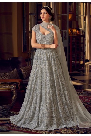 Grey net embroidered floor length anarkali suit 6805