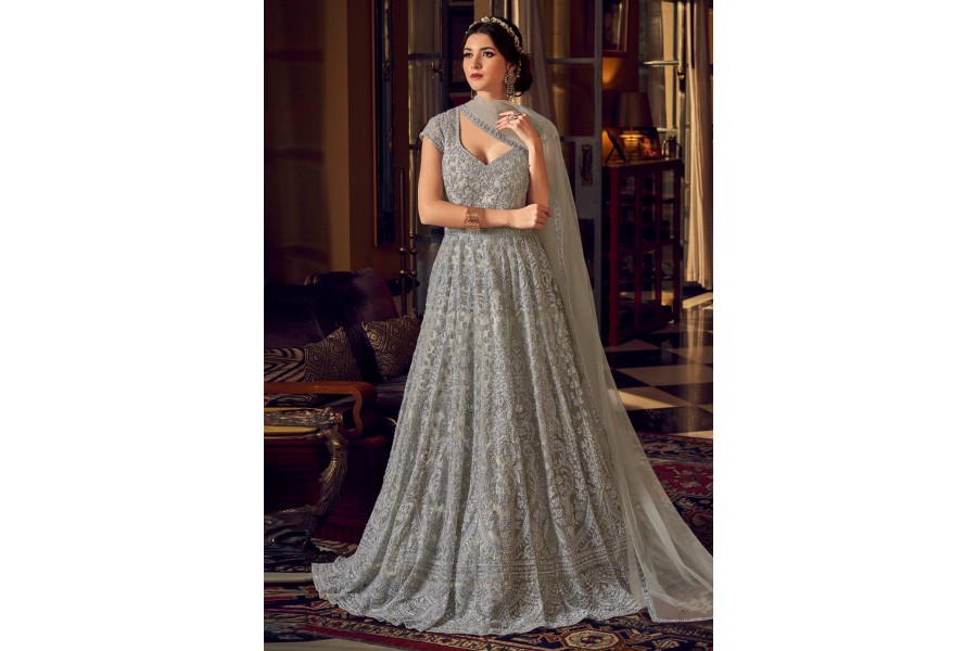 Fabulous Wine Net Embroidered Floor Length Anarkali Suit