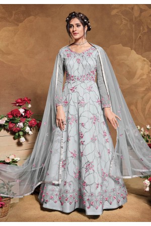 Grey net embroidered long anarkali suit 5103