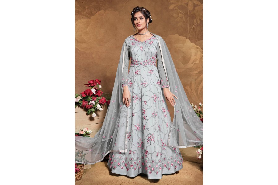 Grey Net Anarkali Dress