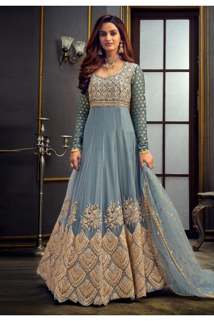 Grey net embroidered long anarkali suit 7753