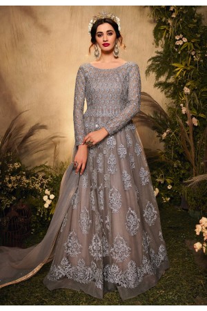 Grey net sequins work abaya style anarkali suit 10015