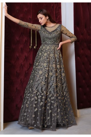 Grey net sequins work long anarkali suit 4625