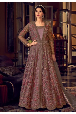 Light purple net embroidered long anarkali suit 6806