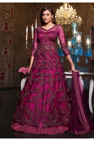 Magenta net embroidered indo western lehenga choli 4627