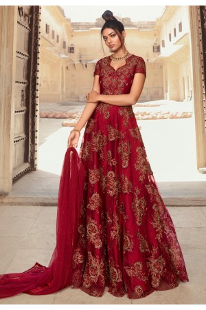 Maroon net floor length anarkali suit 5606