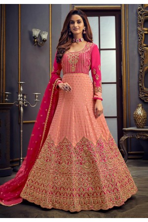 Peach viscose jacquard long anarkali suit 7755