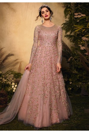 Pink net embroidered floor length anarkali suit 10011