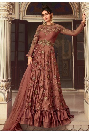 Rust net floor length anarkali suit 5605