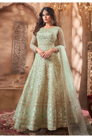 Shamita shetty light green net ankle length anarkali suit 8355