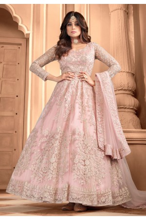 Shamita shetty light pink net ankle length anarkali suit 8356