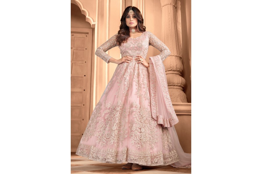 Flamingo Pink Shamita Shetty Net Floor Length Anarkali Suit