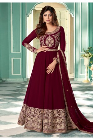 Shamita shetty maroon georgette long anarkali suit 8345