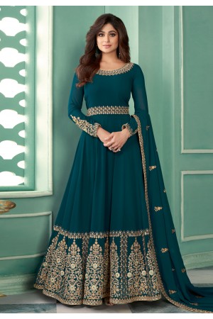 Shamita shetty teal georgette long anarkali suit 8347