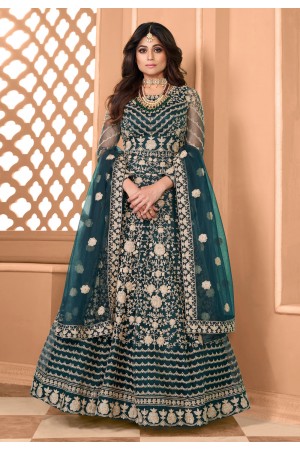 Shamita shetty teal net ankle length anarkali suit 8357