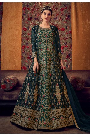 Teal net embroidered jacket style anarkali suit 6804