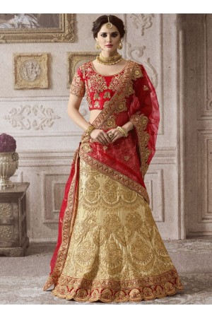 Beige red color satin wedding lehenga 4003