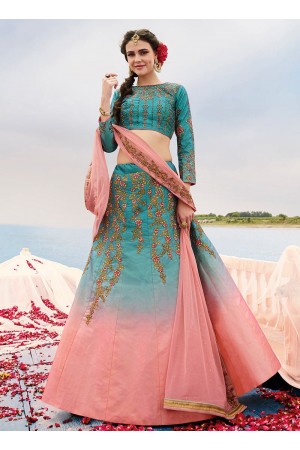 Blue and pink art silk a line wedding lehenga 505